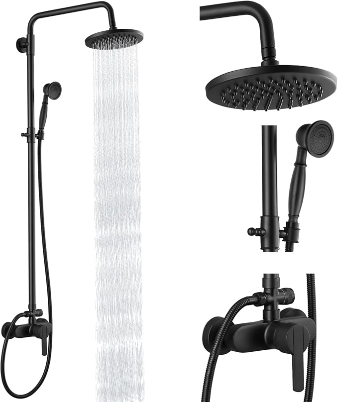 Heyalan Exposed Shower System, 8 Inch Rain Head, Handheld, Matte Black | Exposed shower system with 8 inch rain head, handheld sprayer, single handle control, and complete wall-mounted setup.
