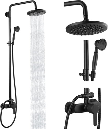 Heyalan Exposed Shower System, 8 Inch Rain Head, Handheld, Matte Black | Exposed shower system with 8 inch rain head, handheld sprayer, single handle control, and complete wall-mounted setup.