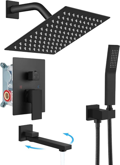 gotonovo Tub Shower Faucet Set with Valve Kit 8’’ Head,Matte Black | Shower System with Tub Spout,SUS304 Rain Head with Handheld Sprayer,Swivel Spout,All Metal,Rough-In Valve Trim Kit,Wall Mount