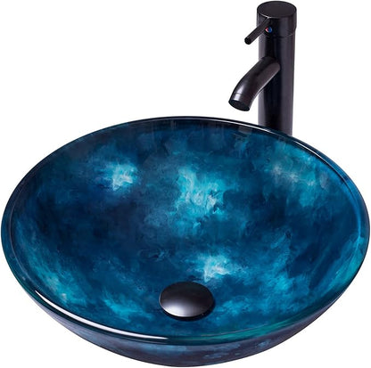 Vessel Sink 16.5" Bathroom Sinks Tempered Glass Blue Art Basin Round Bowl with Faucet Combo Blue,Modern Countertop Bowl Sink for Lavatory Vanity Cabinet