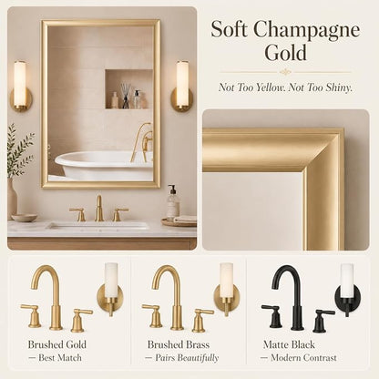 Gold Bathroom Mirror 24x36 Inch, Rectangle Vanity Mirror | Brushed Champagne Gold Mirror for Wall, Bedroom, Entryway, Living Room, Aluminum Framed, Curved Wide Edge
