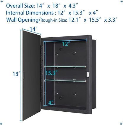 Black Bathroom Medicine Cabinet with Beveled Edge Mirrored Door 14 x 18 inch, Recessed or Surface Mount, with Adjustable Glass Shelves