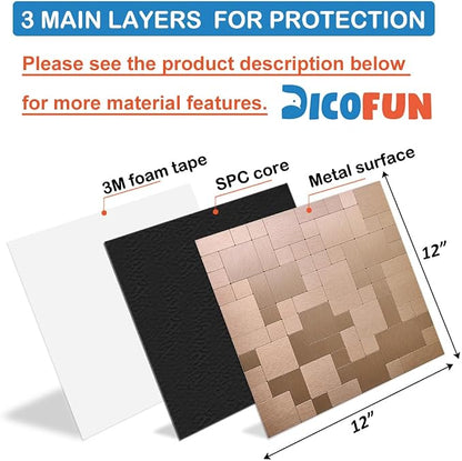DICOFUN 10 Sheets Copper Peel and Stick Tile Backsplash, Stainless Steel Kitchen Metal Backsplash Tile, Stick on Backsplash for Stove, Brushed Gold