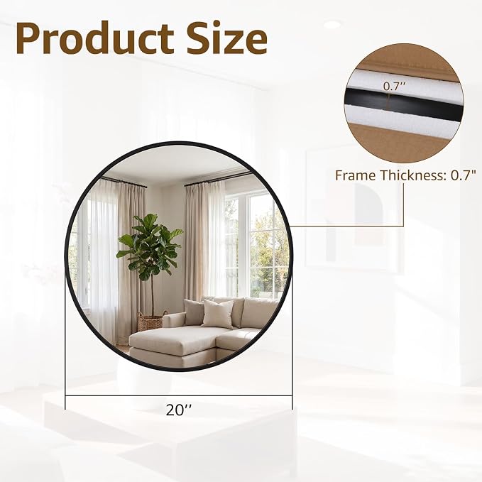 DUMOS 20 Inch Round Wall Mirror, Bathroom Mirrors for Over Sink | Matte Metal Framed Circle Mirror, Wall Decor for Bedroom, Entryway, Anti-Rust, Tempered Glass, Hanging or Leaning, Black
