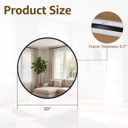 DUMOS 20 Inch Round Wall Mirror, Bathroom Mirrors for Over Sink | Matte Metal Framed Circle Mirror, Wall Decor for Bedroom, Entryway, Anti-Rust, Tempered Glass, Hanging or Leaning, Black