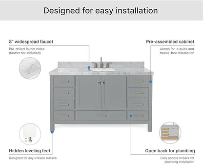 ARIEL Cambridge 60-inch Bathroom Vanity with Sink,Solid Wood, 1.5-inch Italian Carrara Marble Countertop, Single Rectangular Porcelain Sink, 2 Soft Closing Doors, 9 Dovetail Drawers, Grey