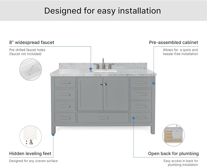 ARIEL Cambridge 60-inch Bathroom Vanity with Sink,Solid Wood, 1.5-inch Italian Carrara Marble Countertop, Single Rectangular Porcelain Sink, 2 Soft Closing Doors, 9 Dovetail Drawers, Grey