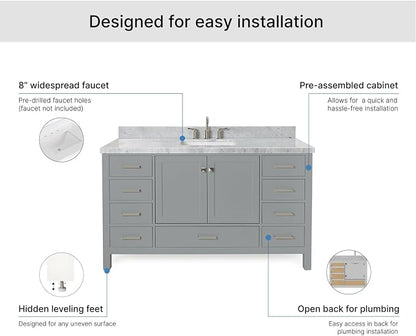 ARIEL Cambridge 60-inch Bathroom Vanity with Sink,Solid Wood, 1.5-inch Italian Carrara Marble Countertop, Single Rectangular Porcelain Sink, 2 Soft Closing Doors, 9 Dovetail Drawers, Grey