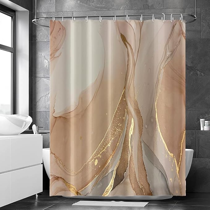 Brown Shower Curtain, Modern Brown Gold Grey Marble Shower Curtain for Bathroom Aesthetic Ink Texture Waterproof Shower Curtain Set with Hooks, 72x78 Inch