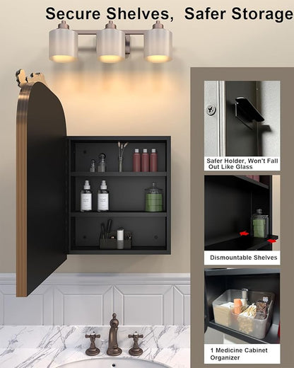16x24 Inch Recessed or Surface Mount Medicine Cabinet Mirror with Vintage Bronze Carving & Hand-Painted Aluminum Frame, All-Metal Construction, 2 Shelves, Arched Mirror for Bathroom, Entryway, Hallway