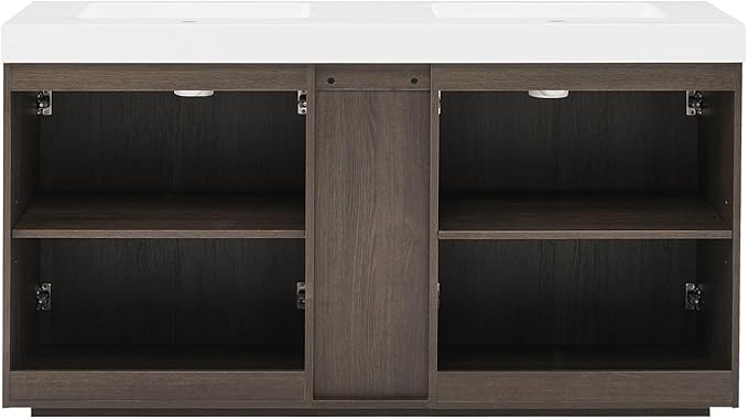 60" Bathroom Vanity with Double Sink, Freestanding Double Sink Bathroom Vanity with White Engineered Stone Top, Open Storage Cabinet & Adjustable Shelf, 4 Soft-Closing Doors, Smoked Oak Brown