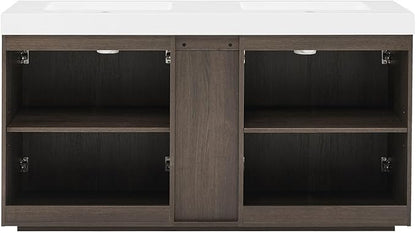 60" Bathroom Vanity with Double Sink, Freestanding Double Sink Bathroom Vanity with White Engineered Stone Top, Open Storage Cabinet & Adjustable Shelf, 4 Soft-Closing Doors, Smoked Oak Brown