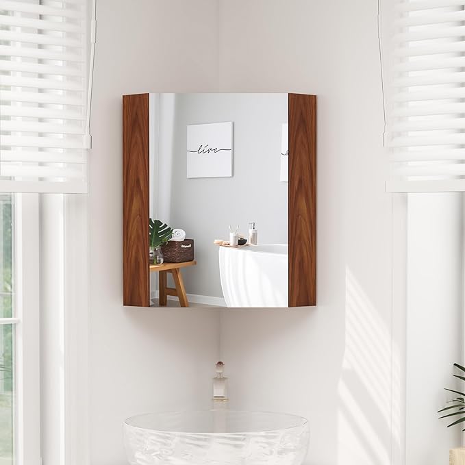 Giantex Corner Medicine Cabinet, 23.5” Over The Toilet Storage Cabinet with Mirror Door, Adjustable Shelf, Clear Reflection, Space-Saving Mirrored Cabinet, Bathroom Wall Cabinet for Entryway, Brown