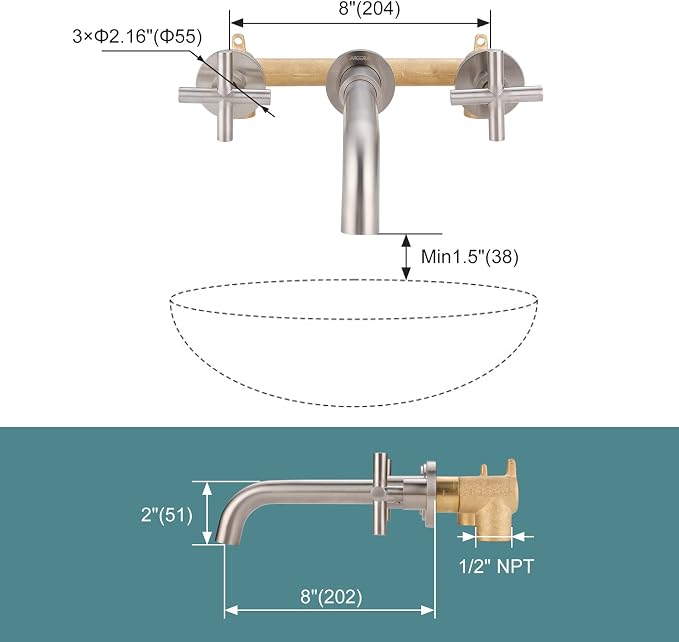 ARCORA Wall Mount Bathroom Faucet, Brushed Nickel Bathroom Sink Faucet, 2 Handle Wall Mount Vessel Sink Faucet Rough in Brass Valve Included