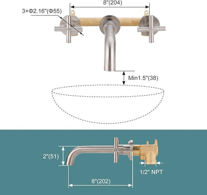 ARCORA Wall Mount Bathroom Faucet, Brushed Nickel Bathroom Sink Faucet, 2 Handle Wall Mount Vessel Sink Faucet Rough in Brass Valve Included