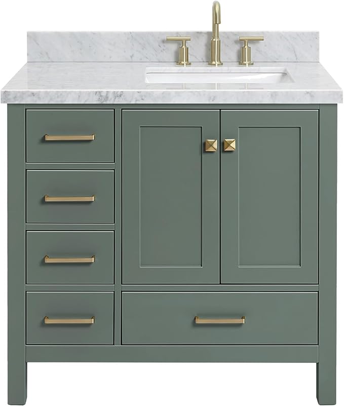 ARIEL Cambridge 36-inch Bathroom Vanity with Sink,Solid Wood, 1.5-inch Italian Carrara Marble Countertop, Single Rectangular Porcelain Sink, 2 Soft Closing Doors, 5 Dovetail Drawers, Vintage Green