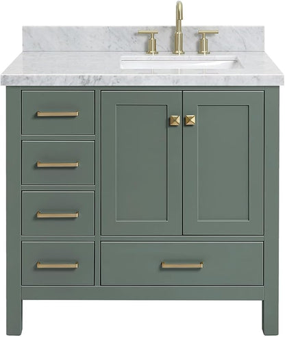 ARIEL Cambridge 36-inch Bathroom Vanity with Sink,Solid Wood, 1.5-inch Italian Carrara Marble Countertop, Single Rectangular Porcelain Sink, 2 Soft Closing Doors, 5 Dovetail Drawers, Vintage Green