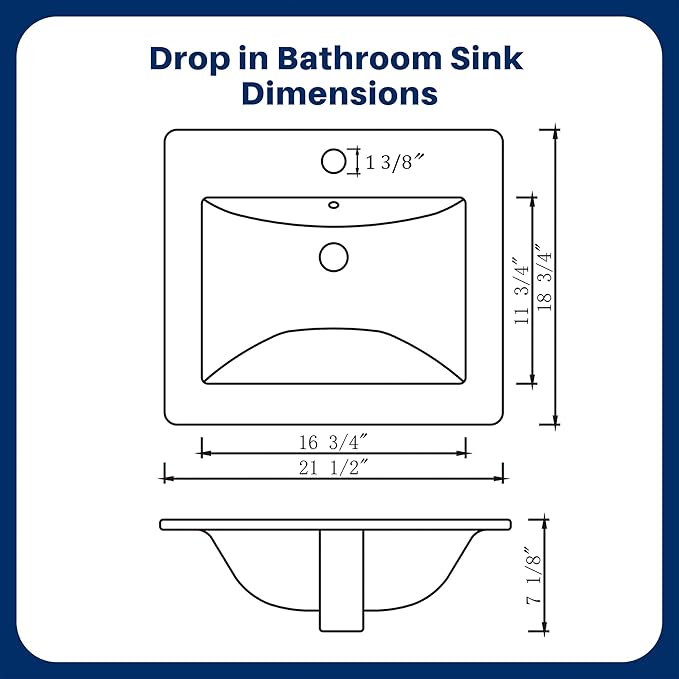 Enbol 21" x 18" Drop-In Bathroom Sink – White Ceramic Rectangular Semi Recessed Bathroom Vessel Sink Top Mount with Single Hole & Overflow (Model O2118）