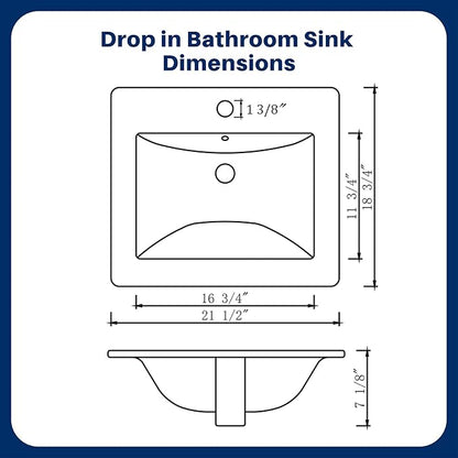 Enbol 21" x 18" Drop-In Bathroom Sink – White Ceramic Rectangular Semi Recessed Bathroom Vessel Sink Top Mount with Single Hole & Overflow (Model O2118）