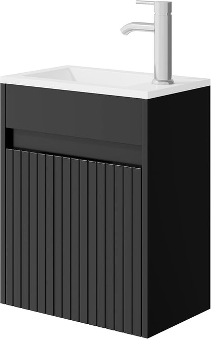 eclife 16" Small Bathroom Vanity Sink Combo, Modern Painted Wall Mounted Floating Cabinet W/Decoration Lines, Resin Basin Sink Top, Chrome Water Save Faucet & Pop Up Drain (Piano Black)