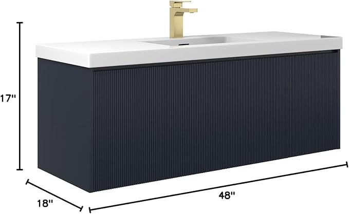 Blossom 48 Inch Bathroom Vanity with Sink | All Wood Wall Mounted Floating Bathroom Vanity Cabinet with Acrylic Sink, Soft-Close Drawer, Modern Minimalist Design Vanities (Night Blue Finish)