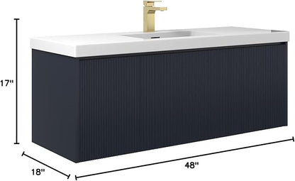 Blossom 48 Inch Bathroom Vanity with Sink | All Wood Wall Mounted Floating Bathroom Vanity Cabinet with Acrylic Sink, Soft-Close Drawer, Modern Minimalist Design Vanities (Night Blue Finish)