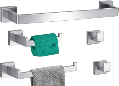5-Pieces Bathroom Hardware Set Brushed Nickel Bathroom Accessories Set SUS304 Towel Bar Set Includes 1 Towel Bar 16 Inch+1 Towel Holder+1 Toilet Paper Holder+2 Towel Hooks (5, Brushed Nickel, 16 Inch)