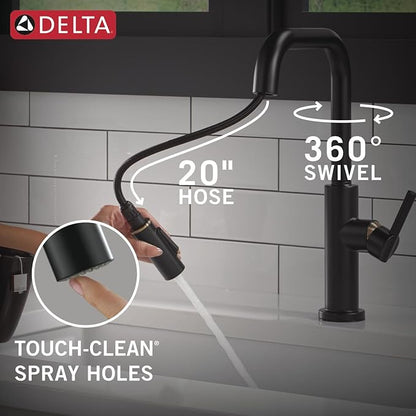 Delta Faucet Nicoli U-Spout Kitchen Faucet with Pull Down Sprayer, Black and Gold Kitchen Sink Faucet, Modern Kitchen Faucet, Single Hole Kitchen Faucet, Matte Black/Champagne Bronze 19868LF-GZ