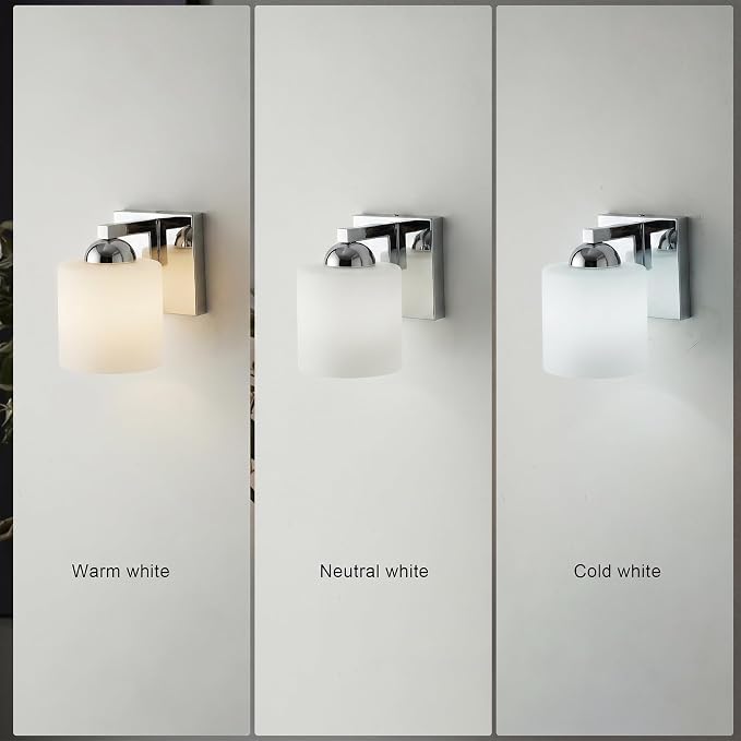 mirrea 1-Light Chromed Bathroom Vanity Light with White Glass Shade | Over Mirror,Wall Sconce,ETL listed,Bathroom Lighting Fixtures,Elegant Design,Milk White Glass Shade,Easy Installation