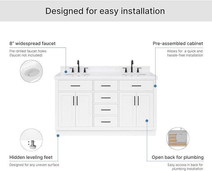 ARIEL Hepburn 60-inch Bathroom Vanity with Sink,Solid Wood, 1.5-inch Carrara White Quartz Countertop & Backsplash, Double Oval Porcelain Sink, 4 Soft Closing Doors, 6 Dovetail Drawers, White