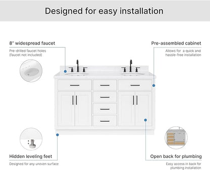 ARIEL Hepburn 60-inch Bathroom Vanity with Sink,Solid Wood, 1.5-inch Carrara White Quartz Countertop & Backsplash, Double Oval Porcelain Sink, 4 Soft Closing Doors, 6 Dovetail Drawers, White