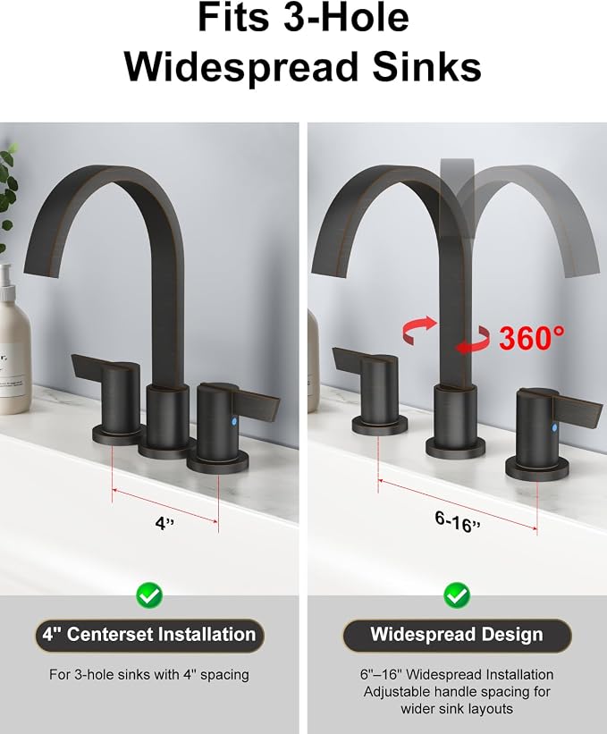 Bronze 3 Hole Bathroom Faucet,8" Widespread Vanity Faucet | 2 Handle Waterfall Bathroom Sink Faucet with Pop-Up Drain,Supply Lines,360° Swivel Spout,Lead-Free Stainless Steel,Deck Mount