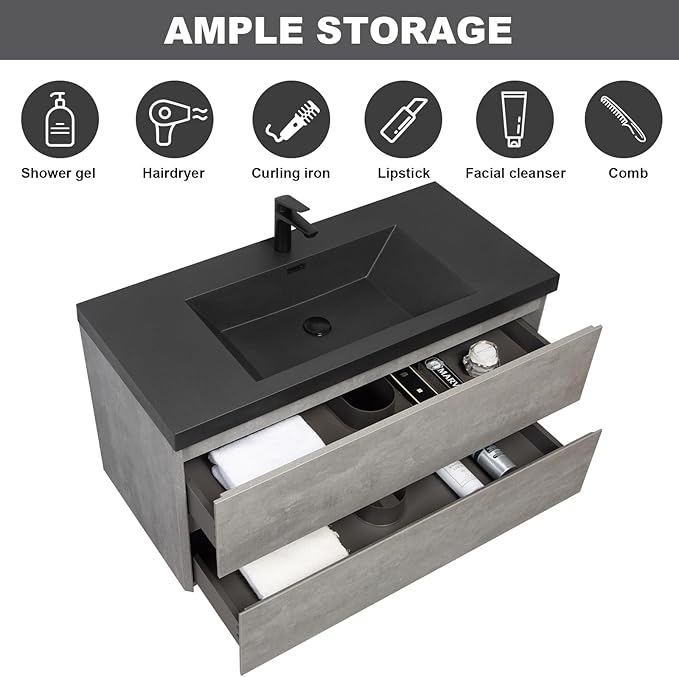 Wall Mounted 42 Inch Bathroom Vanity with Sink, Floating Vanity Bathroom, Single Sink Bathroom Vanity, 2 Drawers, Resin Integrated Sink (Dark Birch)