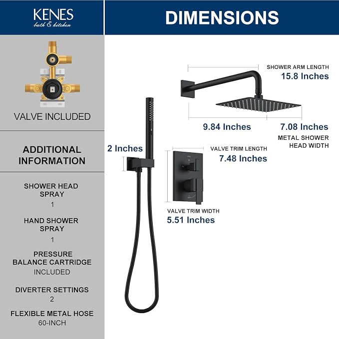 KENES Matte Black Square Rainfall Shower System Faucet Set with Handheld | Shower Faucet with 10-Inch Rain Shower Head, Square Shower System, Valve Included, Lead-Free cUPC & NSF Certified, Stainless