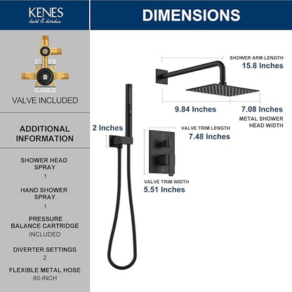 KENES Matte Black Square Rainfall Shower System Faucet Set with Handheld | Shower Faucet with 10-Inch Rain Shower Head, Square Shower System, Valve Included, Lead-Free cUPC & NSF Certified, Stainless