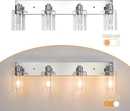4 Lights Bathroom Light Fixtures Chrome Vanity Light with Clear Glass Shade 30in Modern Bathroom Lighting Fixtures Over Mirror for Bedroom/Living Room