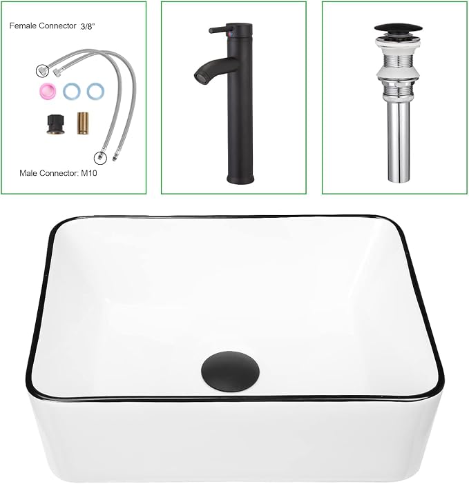 Modern 16" x 12" Rectangle Vessel Sink with Faucet, White Porcelain Above-Counter Bathroom Basin with Black Edge, Stylish Vanity Countertop Sink for Powder Room & Small Spaces