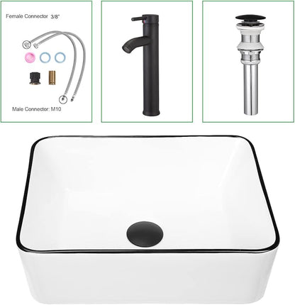 Modern 16" x 12" Rectangle Vessel Sink with Faucet, White Porcelain Above-Counter Bathroom Basin with Black Edge, Stylish Vanity Countertop Sink for Powder Room & Small Spaces