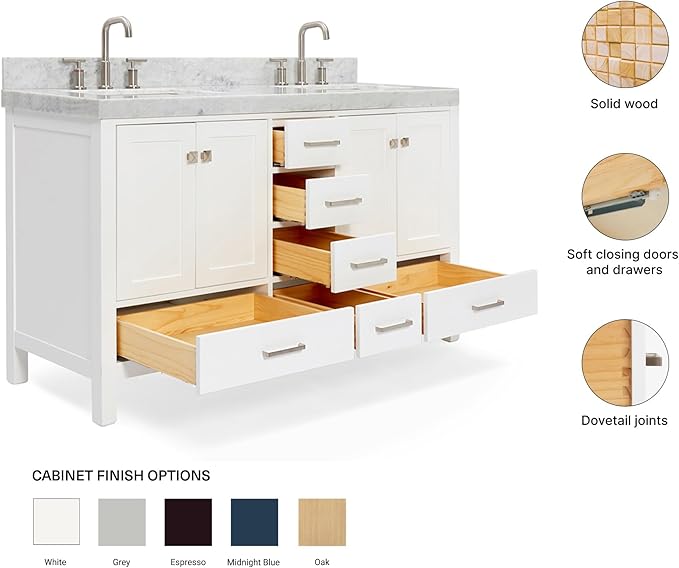 ARIEL Cambridge 60-inch Bathroom Vanity with Sink,Solid Wood, 2-inch Italian Carrara Marble Countertop, Double Rectangular Porcelain Sink, 2 Soft Closing Doors, 6 Dovetail Drawers, White