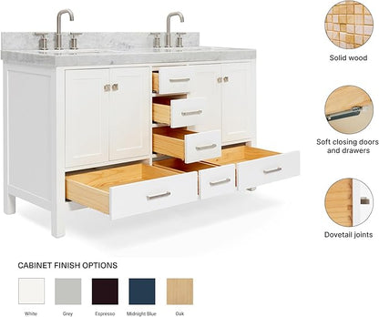 ARIEL Cambridge 60-inch Bathroom Vanity with Sink,Solid Wood, 2-inch Italian Carrara Marble Countertop, Double Rectangular Porcelain Sink, 2 Soft Closing Doors, 6 Dovetail Drawers, White