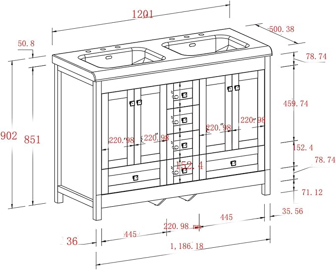 51 inch Bathroom Sink Vanity Combo, Large Freestanding Double Bath Vanity Sink Set with 2 Cabinets & 6 Drawers, Dual Basin Modern Bathroom Storage Cabinet, White
