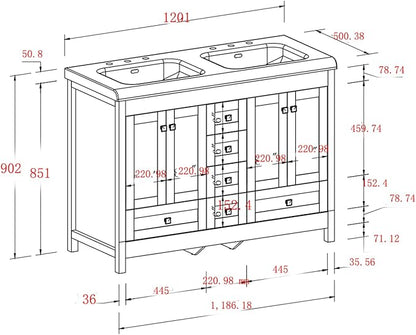 51 inch Bathroom Sink Vanity Combo, Large Freestanding Double Bath Vanity Sink Set with 2 Cabinets & 6 Drawers, Dual Basin Modern Bathroom Storage Cabinet, White