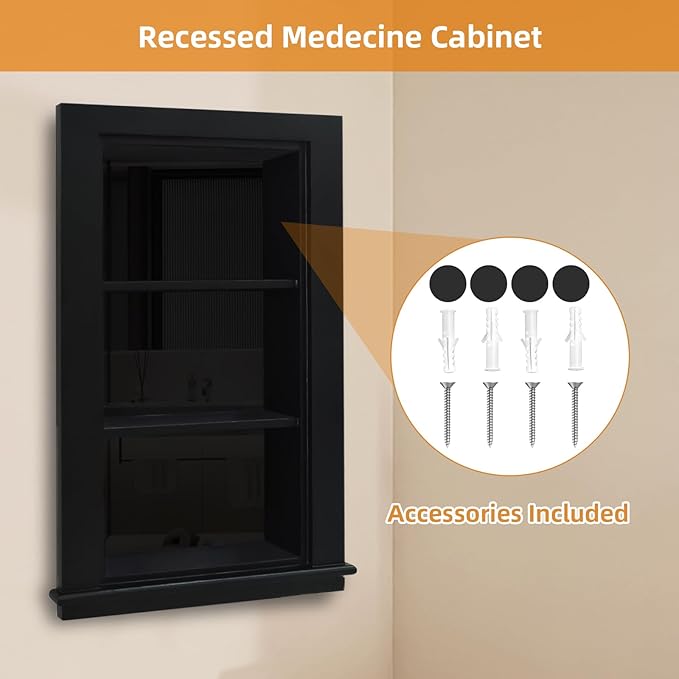14 x 24 Recessed Medicine Cabinet, Black Bathroom Wall Cabinet, 3-Tier Wall Niche with Glass Interior, for Bathroom Storage