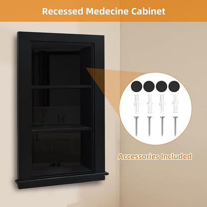 14 x 24 Recessed Medicine Cabinet, Black Bathroom Wall Cabinet, 3-Tier Wall Niche with Glass Interior, for Bathroom Storage