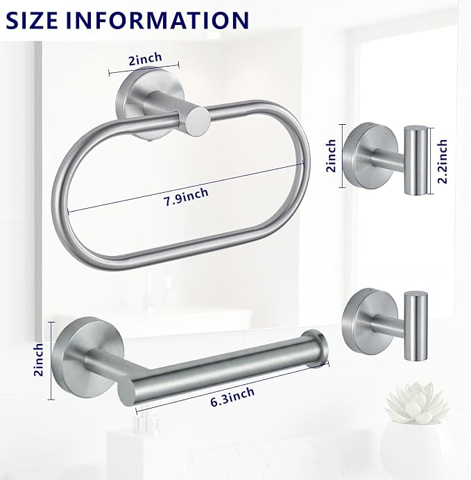 Bathroom Hardware Set Includes Towel Ring, Toilet Paper Holder and 2 Towel Hooks, SUS304 Stainless Steel Modern Wall-Mounted Bathroom Set, Rustproof Bathroom Fitting Set (Brushed Nickel)