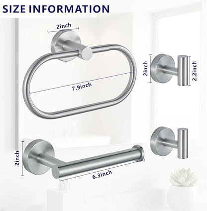 Bathroom Hardware Set Includes Towel Ring, Toilet Paper Holder and 2 Towel Hooks, SUS304 Stainless Steel Modern Wall-Mounted Bathroom Set, Rustproof Bathroom Fitting Set (Brushed Nickel)
