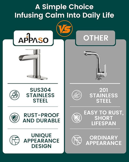 APPASO Brushed Nickel Bathroom Faucet 1 Hole, Single Handle Stainless Steel Sink Faucet with Pop-Up Drain and Deck Plate, Easy Installation Single Hole Waterfall Faucets for Bathroom Vanity Laundry