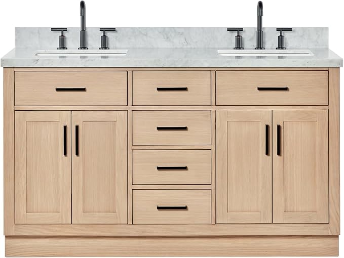 ARIEL Hepburn 60-inch Bathroom Vanity with Sink,Solid Wood, 1.5-inch Italian Carrara Marble Countertop, Double Rectangular Porcelain Sink, 4 Soft Closing Doors, 6 Dovetail Drawers, White Oak