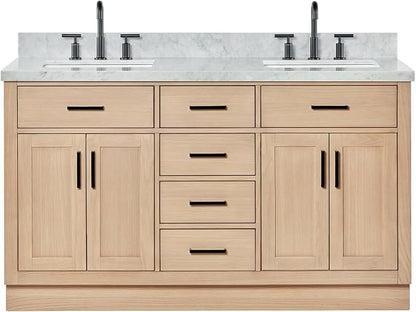 ARIEL Hepburn 60-inch Bathroom Vanity with Sink,Solid Wood, 1.5-inch Italian Carrara Marble Countertop, Double Rectangular Porcelain Sink, 4 Soft Closing Doors, 6 Dovetail Drawers, White Oak