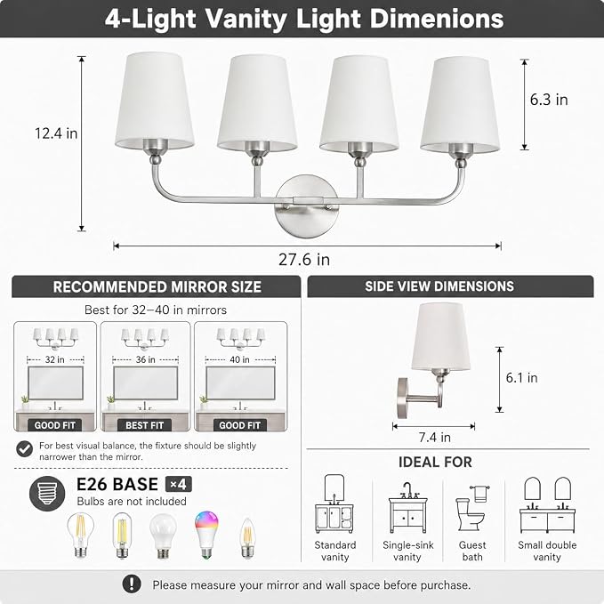 Bathroom Vanity Light Brushed Nickel Bathroom Lighting Fixtures Over Mirror | 4-Light Bathroom Light Fixtures with Flared White Fabric Shade, E26 Socket (ETL Listed)